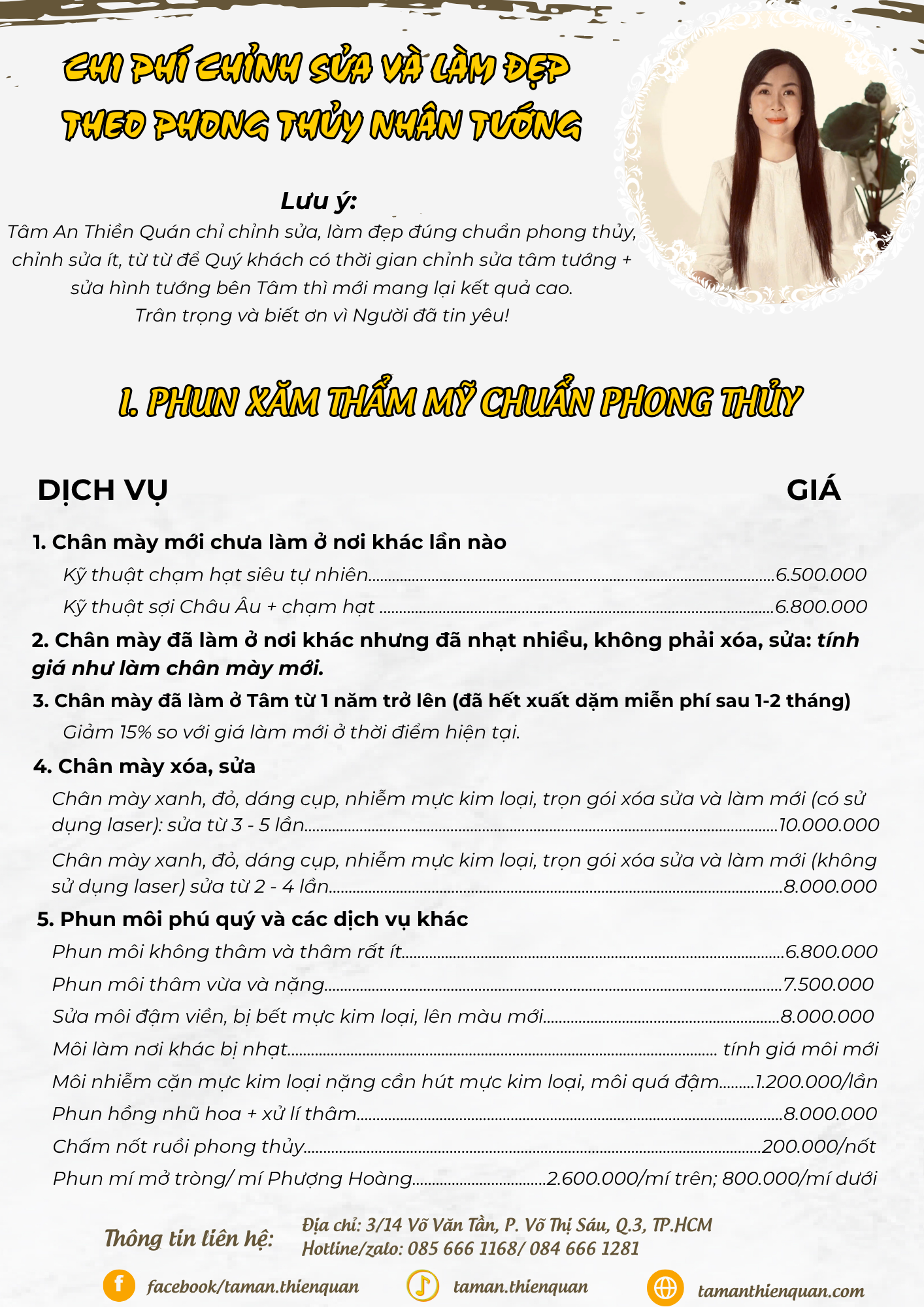 Bảng giá dịch vụ làm đẹp theo phong thủy nhân tướng